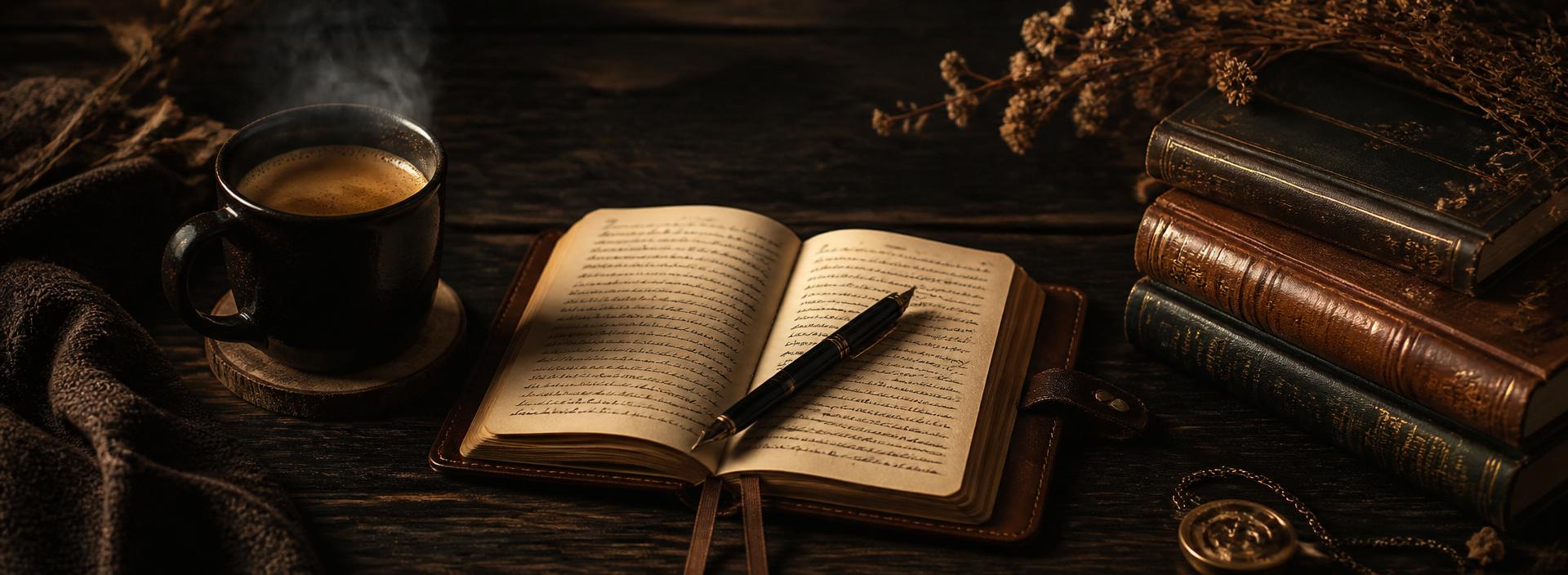 Journal, fountain pen, and coffee on a dark wooden desk