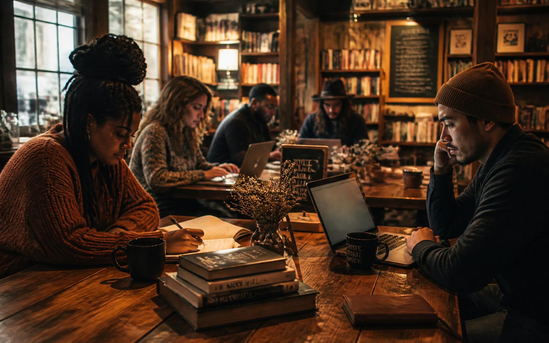 Indie authors writing together at a warm, book-lined coffeehouse